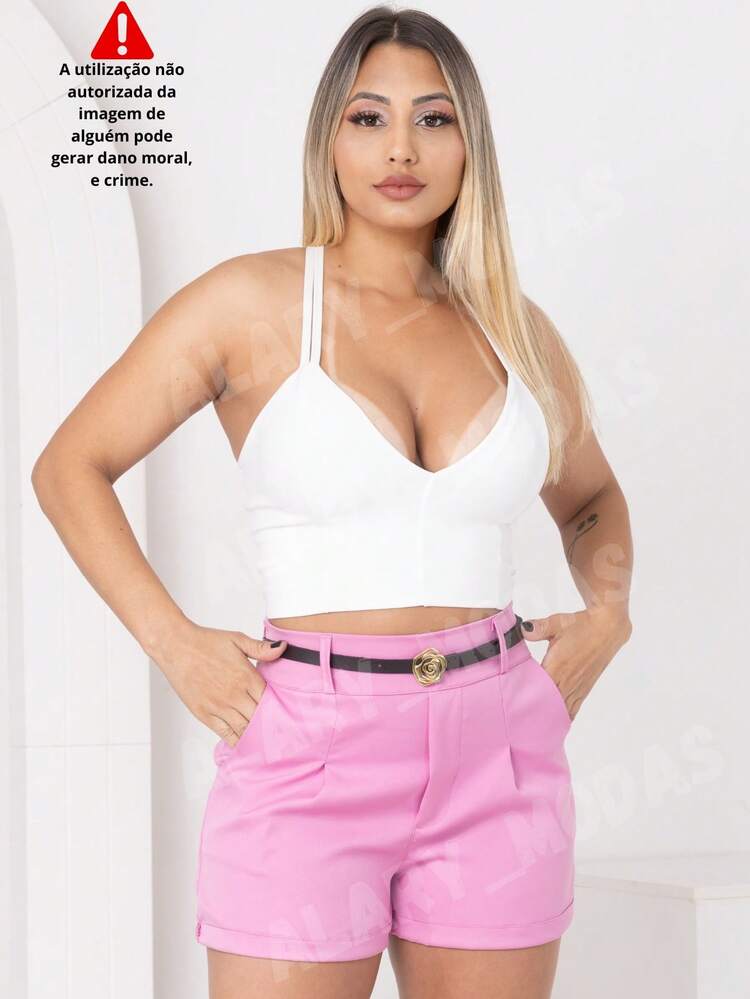 Women's Tailored Shorts High Waist With Golden Flower Belt And Pockets Summer Fashion From S To G3 Plus Size - Baby Pink - View 3