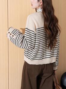 Alicedudu Damen lässiger gestreifter Pullover mit Rundhalsausschnitt und Knopfdesign an den Ärmeln, Herbst/Winter - Milchteefarbe - Übersicht 2