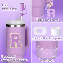 (No Cups) 6-Cup Accessory Set (Purple), Suitable For Cups With Handles, Including Silicone Straw Top LIDS, Cap LIDS And Boots, Anti-Overflow Stoppers, Handle Pendants, First-Letter Stickers, Creative For Girls And Boys