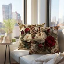2 件装奢华复古欧式玫瑰花卉印花抱枕套（不含枕芯），尺寸：17.7*17.7 英寸（45*45 厘米）/19.69*19.69 英寸（50*50 厘米）/15.75*15.75 英寸（40*40 厘米），单面印花，涤纶材质，适用于沙发、床、客厅、卧室、汽车、办公室、酒店等场所，四季皆宜，是馈赠亲朋好友的理想之选。
