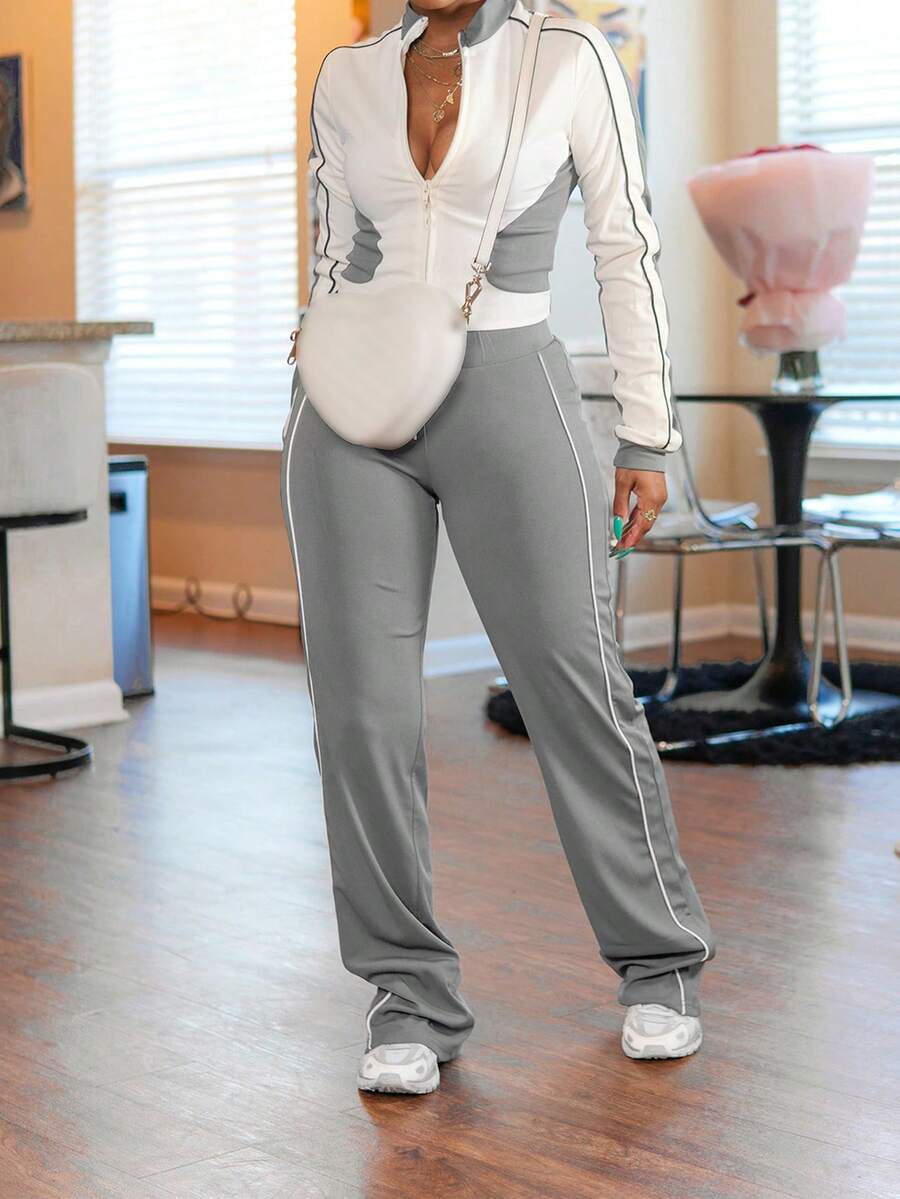 2pcs Solid Color Casual Zipper Pocket Patchwork Pants Set