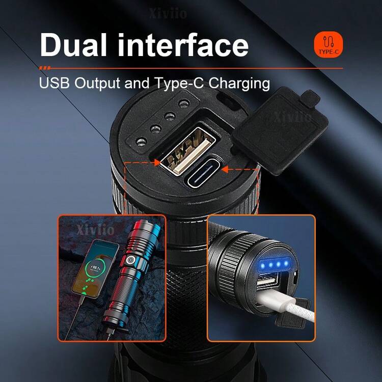 大功率 LED 手电筒超亮 4 模式变焦防水 USB 可充电户外应急电源适用于露营、夜间骑行、徒步旅行和钓鱼 - 黑色 - 查看 8