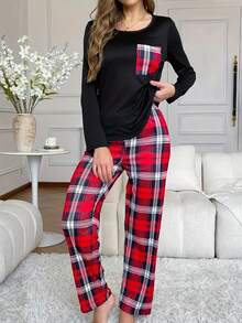 بيجامة نسائية مكونة من ملابس علوية بأكمام طويلة وجيب وبنطال مربعات، ملابس نوم للخريف والشتاء - الأسود - مشاهدة 6