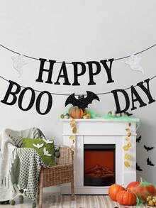 1pc Happy Boo Day Banner, Halloween Themed Pull Flag, Decoration For Halloween Party, Birthday, Baby Shower Party Background - Black and Silver - View 4
