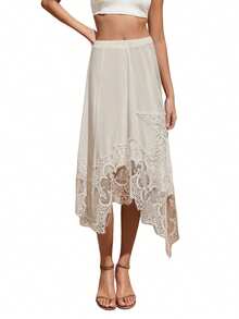 Women's Long Skirt Loose Fit Stylish Solid Color Lace Flower Hem Slit Low Rise Skirt For Summer - White - View 6