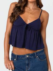 Women's Y2K Flowy Babydoll Cami Top Sleeveless V Neck Tie Front Crop Top Ruffle Hem Peplum Tank Shirt Summer Going Out Camisole Beachwear - 藏蓝色 - 查看 1