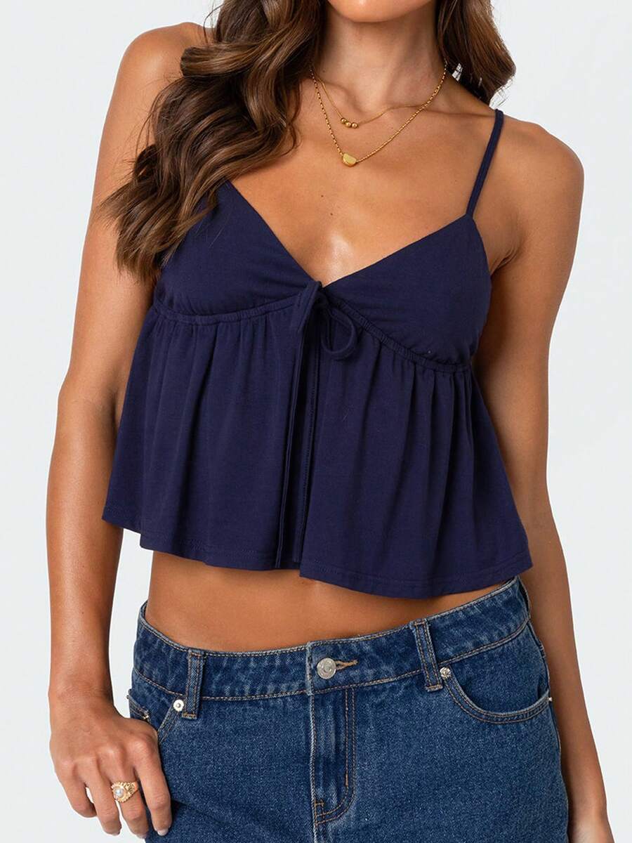 Women's Y2K Flowy Babydoll Cami Top Sleeveless V Neck Tie Front Crop Top Ruffle Hem Peplum Tank Shirt Summer Going Out Camisole Beachwear - 藏蓝色 - 查看 1
