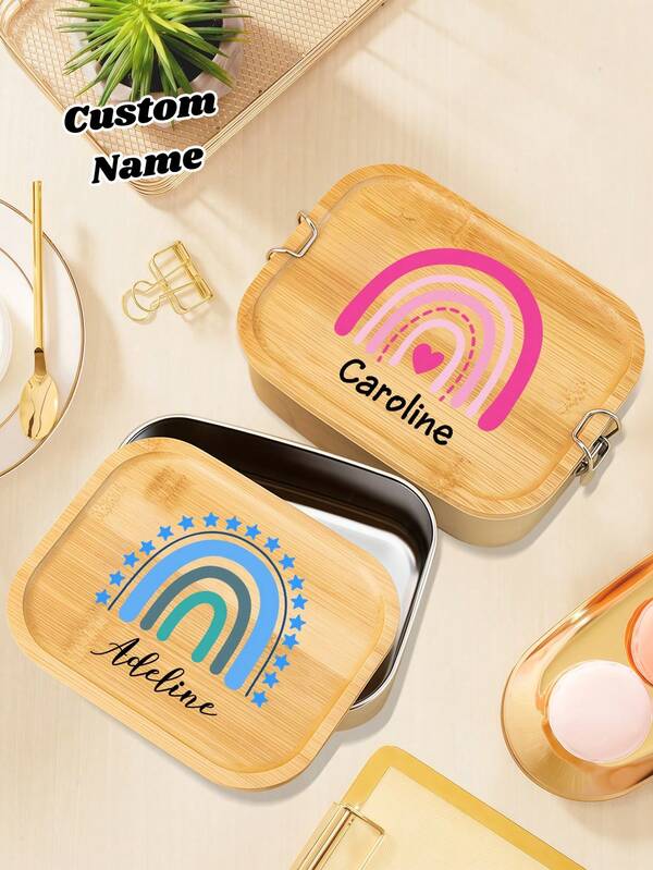 1pc Customized Teacher Name Lunch Box, Personalized Stainless Steel Lunch Box, Customized Student Name Lunch Box, Customized Student Wooden Stainless Steel Lunch Box, Personalized Fruit Box, Stylish, Colorful, Cute, Simple, Kawaii, Unique Personalized Custom Gift, Suitable College, Work, Business, Commuting, Outdoor, Travel, Camping, Teacher Appreciation Gift, Back To School Gift, Multi-Functional, Durable, Stylish, Office, For Valentine's Day, For Mother's Day, For Weddings, For Housewarming