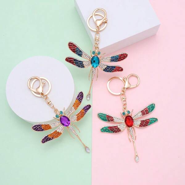 1 pieza Llavero de libélula con rhinestones, accesorio de metal hueco en forma de insecto creativo para coche - Dije de aleación roja y negra con mosquetón, adecuado para billetera, mochila, funda de teléfono - Accesorio de moda para mujer, regalo, accesorios de Halloween, Día del Maestro, accesorios para bolsos, cordones con portaidentificación, accesorios para coche, dijes para bolsos