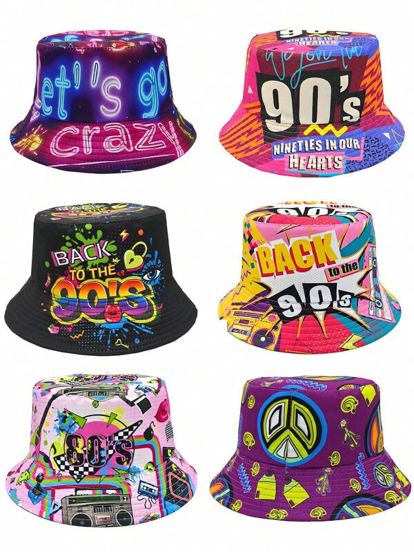 Retro Hip Hop Rock 80s 90s Graphic Print Bucket Hat, Unisex Lightweight Reversible Bucket Hat, Suitable For Parties And Events