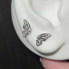 1 Pair/3 Pairs Hollow Full Rhinestone Earrings, Asymmetric Butterfly Wing Design Ear Cuff, Suitable For Daily Wear, Niche High-End Quality, Twisted Screw, Ear Cartilage Stud - Silver - View 1