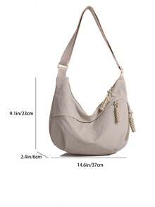 时尚纯色尼龙防水单肩包，休闲简约学院风，宽肩带斜挎包，多重拉链设计，适合学生、购物、日常使用 - 白色 - 查看 4