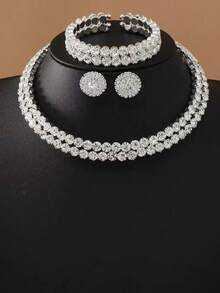 4 件套铜镶嵌耳环、手链、项链首饰套装，适合女性在派对、节日、婚礼上佩戴 - 彩色 - 查看 11