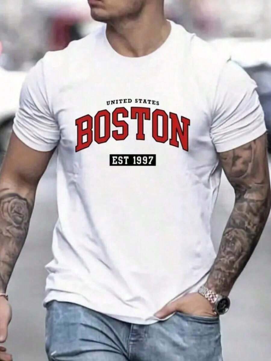 Boston Letter Print T-Shirt - 白色 - 查看 1