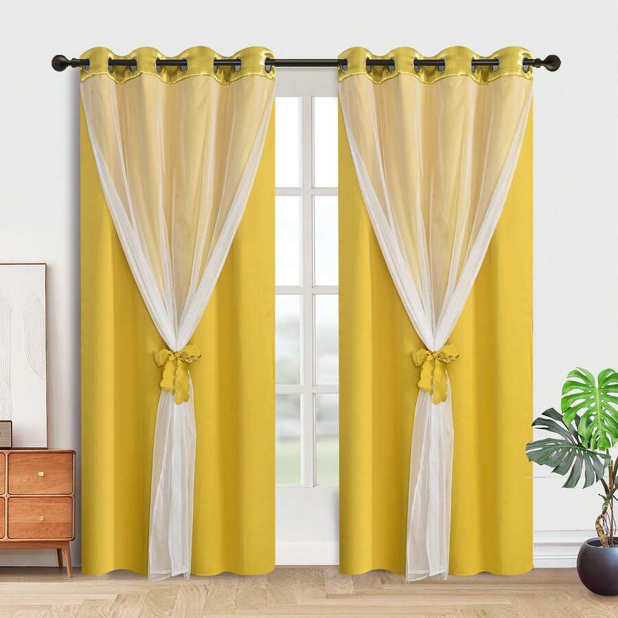 2 片双层遮光窗帘，带系带，白色刺绣薄纱，索环顶部隔热窗帘 - 金色 - 查看 1