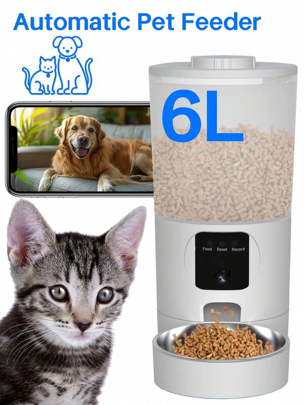 1pc Smart 2.4G/5G WiFi Automatic Pet Feeder, 2K Live View, Timed Feeding, APP Control, 6L Large Automatic Pet Food Dispenser, Night Vision Automatic Feeder, Suitable For Cats And Dogs, Detachable And Easy To Clean