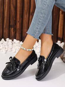 Glossy Black Loafers With Bow & Tassel – Versatile Slip-On Shoes For Women,Chic Patent Leather Loafers – Preppy, Office & Casual Outfit Essential,Shiny Black Slip-On Loafers – Comfy Low Heel For Work & Weekend, Bow Detail Loafers – Dress Up Jeans, Skirts Or Pants,Effortless Glossy Flats – Easy Clean & Timeless For Daily Wear - màu đen - Xem 2
