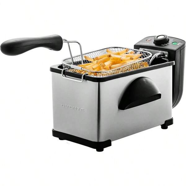 OVENTE Electric Deep Fryer 2 Liter Capacity, 1500 Watt Lid With Viewing Window And Odor Filter, Adjustable Temperature, Removable Frying Basket And Easy To Clean Stainless Steel Body, Silver FDM2201BR