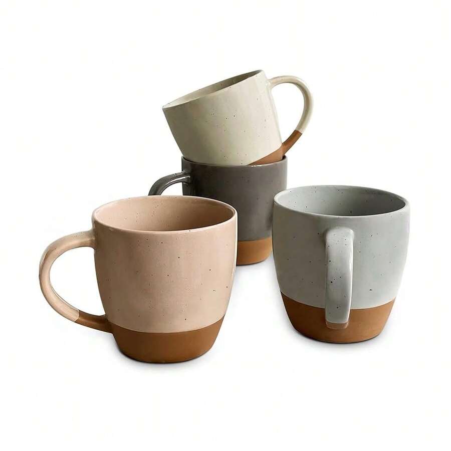 Mora Ceramic Large Latte Mug Set Of 4, 16oz - Microwavable, Porcelain Coffee Cups With Big Handle - Modern, Boho, Unique Style For Any Kitchen. Microwave Safe Stoneware - Assorted Neutrals-176765 - AssortedNeutrals - Xem 1