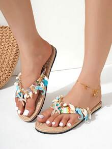 Fashionable & Versatile Women's Natural Seashell, Starfish & Faux Pearl Pendant, Woven Design Flat Casual Beach Sandals Women's Soft Bottom Non-Slip Flat Flip Flops, Suitable For Women And Girls, Summer Beach - Multicolor - View 8