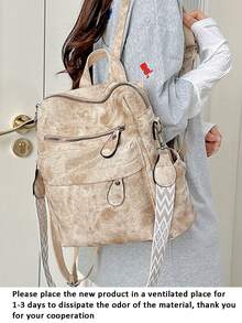 2025年新款中号旅行背包女背包女式真皮背包女孩女士书包 - 卡其色 - 查看 3