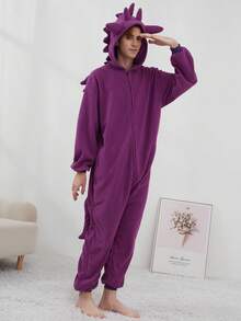 Adult Men's Cartoon Zipper One-Piece Pajamas, Autumn And Winter Thickened Animal One-Piece Pajamas, Hooded Warm Home Clothes, Halloween Costumes, Christmas Role-Play Party Costumes - 紫色 - 查看 5
