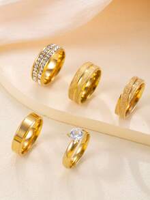 4/5pcs Fashionable & Elegant Stainless Steel Gold-Tone Women Rhinestone Ring Set, Suitable For Daily Wear, Festivals, Dates, Engagements, Weddings, Gift For Lover, Friend, Family - Gold - View 8