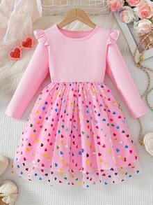 Kleine Mädchen Bunter Polka Punkt Mesh Trompetenärmel Rundhals Prinzessin Kleid, geeignet für Party, Outdoor, Alltag, Urlaub, Geschenk