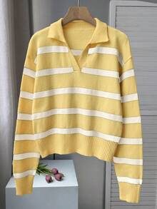 FOR BEAUTY 春秋新款复古条纹撞色高领长袖针织衫，女士宽松时尚休闲套头衫，嘉年华上衣 - 藤黃拼珍珠白 - 查看 3