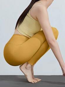 1 pieza Pantalón de yoga con control de abdomen, ligero y transpirable, de color amarillo mostaza, adecuado para uso casual diario, entrenamiento físico, correr como mallas, longitud 7/8