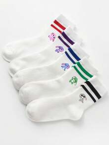 5 Pairs Kids Colorful Double Bar White Sports Mid-Calf Socks, Cute Cartoon Blue Rabbit & Tao Tao Pattern, Fashionable & Versatile, Skin-Friendly Soft Breathable Casual Sports Socks, Suitable For Back To School, Daily Wear, Holidays, Travel, Back To School Season - Multicolor - View 7