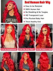 Colored Wig Human Hair 13x4 Lace Front Wigs Loose Body Wave HD Lace Frontal Wigs Wigs Human Hair Pre Plucked Human Hair Wigs For Women Hot Red Color - SRed - 查看 5