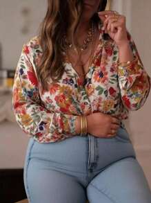 Camisa casual solta, de manga longa, com estampa floral elegante, de temperamento de férias, para mulheres plus size