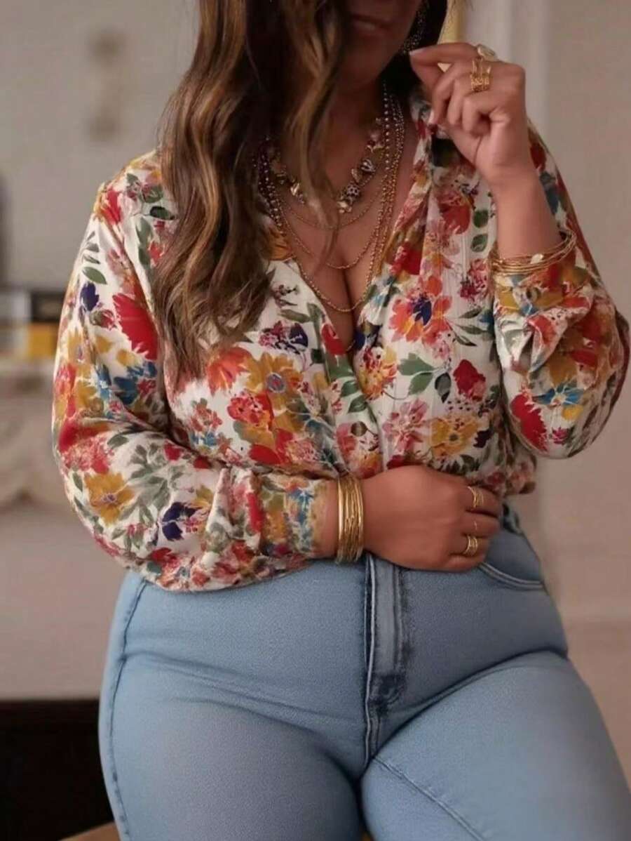 Camisa casual solta, de manga longa, com estampa floral elegante, de temperamento de férias, para mulheres plus size
