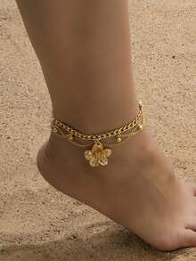 Gold Anklets For Women, Golden Flower Layered Beaded Anklet Statement Bracelet For Summer Beach Vacation Waterproof Accessories Jewelry Gifts - Vàng - Xem 2