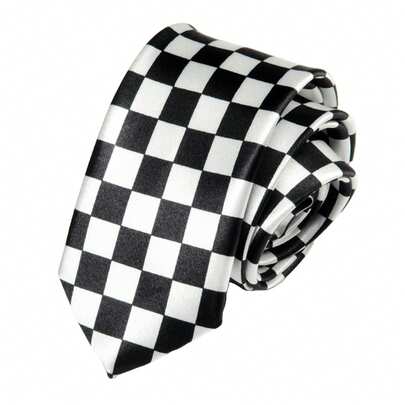 1pc Unisex Black & White Plaid Narrow Necktie, Comfortable Soft Polyester Fabric, Classic Fashion Tie Suitable For Daily Wear With Suits, Shirts, Weddings, Parties
