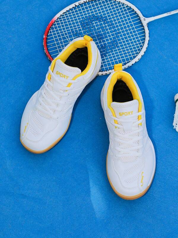 Women's White & Yellow Solid Color Sports Shoes, Microfiber Leather Lace-Up, Mesh Splice, Breathable, Suitable For Running, Gym, Badminton, All Season