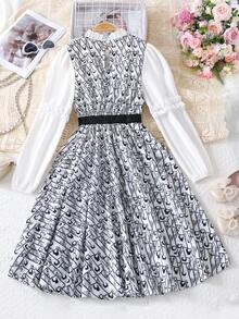 Girls' Retro Plaid Patchwork Ruffle Collar Casual Long Dress, Spring/Autumn