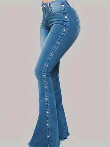 High Waist Flare Bell Bottom Jeans For Women – Stretchy Slim Fit Denim Pants With Side Button Detail - 藍色 - 查看 2
