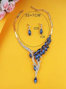 3pcs Fashionable European & American Jewelry Set, Inlaid Navy Blue Crystal Necklace & Earrings, Elegant Gift For Women, Party, Formal Dress, Mother's Day - Yellow Gold - View 5