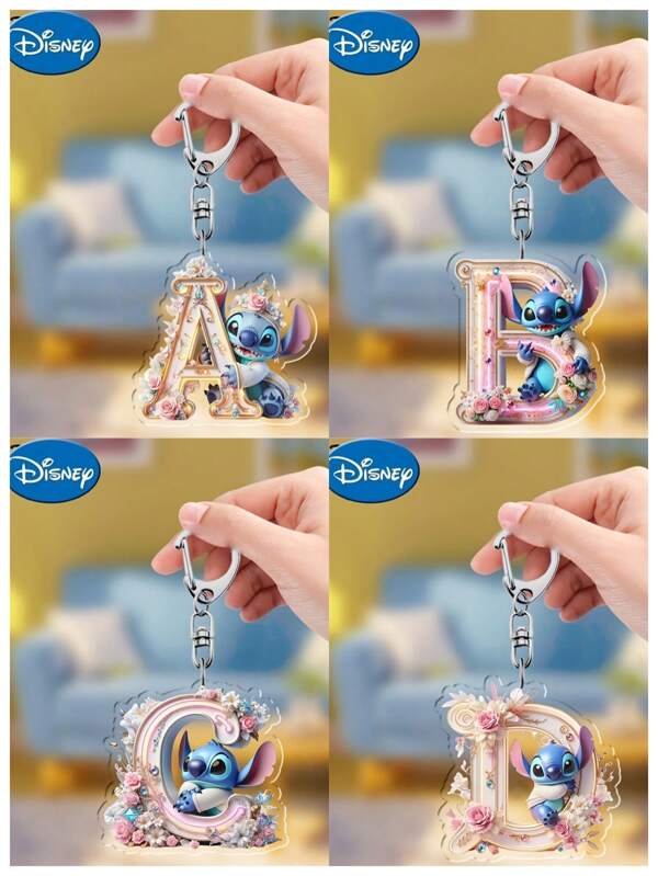 Disney 1 Llavero acrílico de Stitch de Disney - 26 letras en inglés, diseño de dibujos animados de ángel lindo con decoración floral, colgante de aleación de zinc resistente, adecuado para bolsos, llaves de coche y regalos, accesorios para el Día de San Valentín y cumpleaños, colgante de bolso de Stitch de Disney, accesorio de llavero, diseño alegre, colores brillantes, plano 2D
