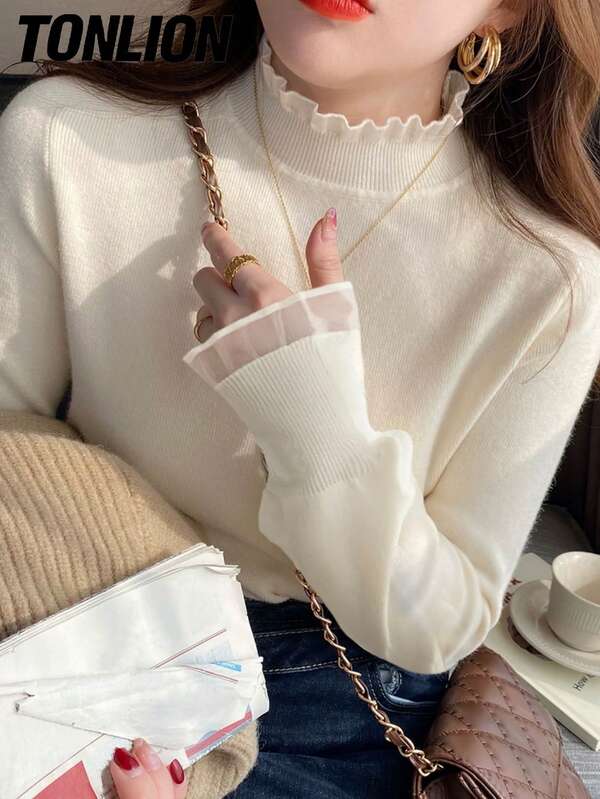 tonlion Tonlion Women's Autumn/Winter Ruffle Trim Turtleneck Sweater