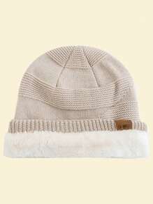 JZML 1pc Unisex Letter Label Decor Plush Lined Slouchy Beanie - Beige - View 3