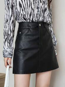 A-Line PU Leather Pencil Skirt, Flattering And Slimming, Suitable For Commuting - Black - View 3
