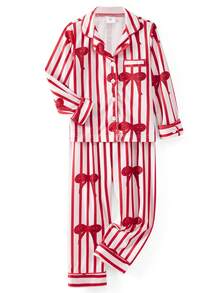 Family Matching Pajama Set Lapel Neck Button-Up Long Sleeve Tops Long Pants 2-Piece Bow/Solid Color Loungewear Outfit - Red - View 4