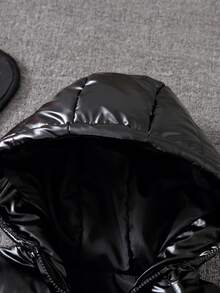 Boys' Casual Solid Color Thickened Warm Winter Jacket, Black Hooded Jacket With Embroidered Shoulder Patch And Pocket Design, Long Sleeve, Suitable For Cold Weather Outdoor And Daily Wear