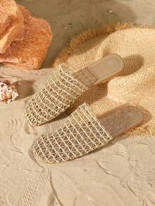 Women's Rope Strap Peep Toe Flat Sandals, Breathable Woven Slip-On Sandals, Solid Color Vacation Fabric Net Splicing Beach Party Indoor/Outdoor Sandals, Spring/Summer - Gold - View 7