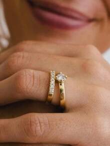 Pair Of 3mm Beveled Wedding Rings, 18k Gold Plated, 925 Silver Solitaire - 金色 - 查看 4