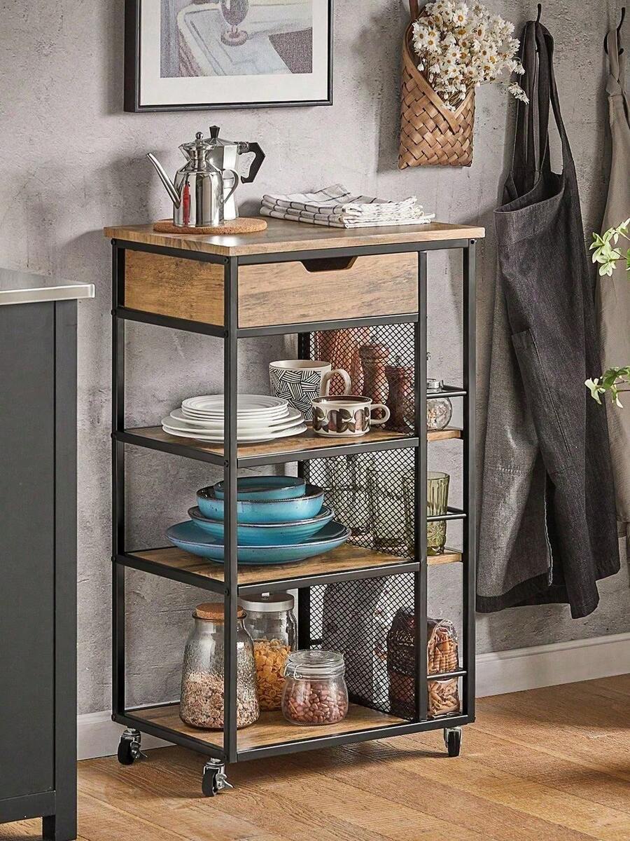 SoBuy FKW99-N, Industrial Vintage Style Kitchen Trolley Cart Kitchen Storage Trolley Serving Trolley With Drawer And Storage Shelves - Brown - View 1