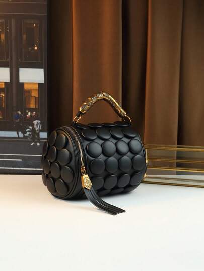 Fashionable Polka Dot Shaped Pillow Bag, Boston Bag, Commuter Bag, Cylinder Bag With Distinctive Hardware Wristlet Crossbody Bag With Tassel Decor , Polka Dot